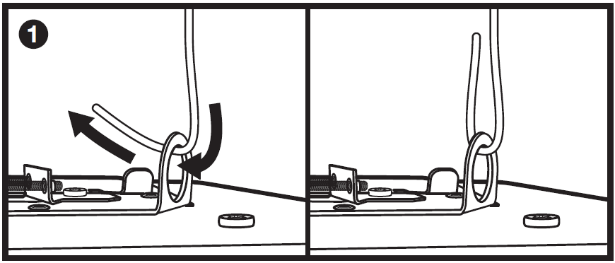 Short Alt Text (Recommended) Installation diagram labeled step 1 showing a safety wire or cable being threaded through an eyelet bracket on the rear speaker enclosure.  Detailed Description (For extended accessibility captions) A technical two-panel installation diagram labeled with the number 1 in the top-left corner, detailing safety cable attachment:  Left Panel (Threading Safety Cable):  Shows a metal mounting bracket attached to a speaker housing with an upright eyelet ring on the right end.  A flexible safety wire or cable is fed down through the circular eyelet hole, with directional arrows demonstrating threading the wire through and looping the loose end back upward.  Right Panel (Secured Loop):  Displays the completed first step, with the safety cable formed into an upright loop through the bracket eyelet to provide a secure anchor point.