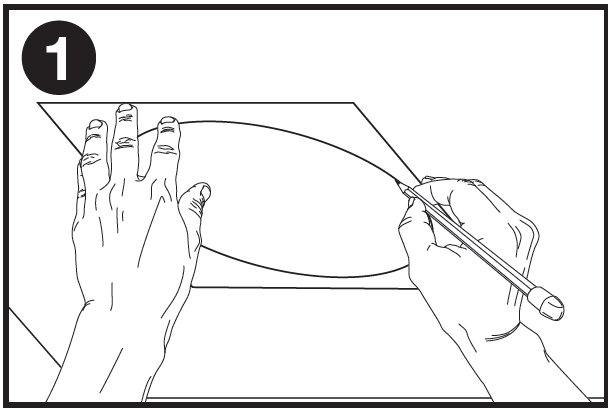 A technical line drawing labeled with the number 1 in a black circle at the top-left corner, illustrating the first step of speaker installation:  Hands: A left hand rests flat on top of a cutout template to hold it securely against the mounting surface, while a right hand holds a pencil.  Template & Tracing: A flat, rectangular paper or cardboard mounting template with a large oval cutout in the center. The right hand uses the pencil to trace around the inside perimeter of the oval cutout onto the surface below.