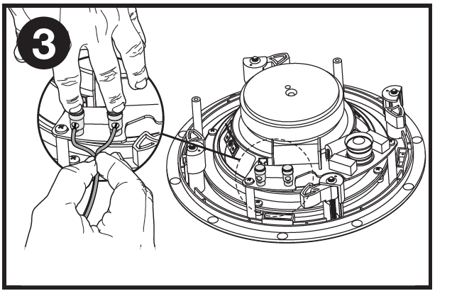 A technical line drawing labeled with the number 3 in a black circle at the top-left corner, illustrating the speaker wiring process:  Main Speaker Unit: Rear view of a circular in-ceiling or in-wall speaker showing the magnet, crossover assembly, mounting dog-leg clamps, and input terminals.  Inset Detail View: A magnified circular callout shows fingers pressing down on two spring-loaded binding posts while the other hand inserts stripped speaker wire leads directly into the exposed terminal holes.