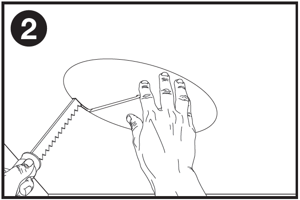 A technical line drawing labeled with the number 2 in a black circle at the top-left corner, illustrating the second step of speaker installation:  Traced Outline: An oval outline traced onto a drywall or ceiling panel surface from the previous template step.  Cutting Tool & Hands: A hand rests flat inside the center of the traced oval to support the cutout area. Another hand holds the handle of a drywall jab saw, sawing along the traced perimeter line to cut out the oval opening for speaker mounting.