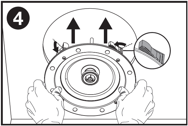 A technical line drawing labeled with the number 4 in a black circle at the top-left corner, illustrating speaker insertion into a ceiling or wall cutout:  Speaker Insertion: Two hands hold the outer rim of a circular speaker assembly, pushing it upward into a round ceiling opening, as indicated by two large upward-pointing arrows.  Dog-Leg Clamps & Inset Detail: Curved arrows around the mounting clamps show them folded inward against the speaker housing so the unit can pass smoothly into the cutout hole. An inset circular close-up shows a magnified view of the textured mounting clamp in its retracted position.