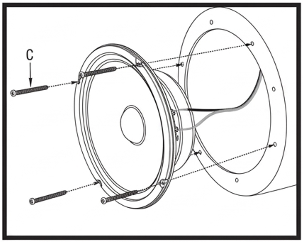 A line-art technical diagram demonstrating the final assembly step of installing the speaker driver into the pod enclosure.  Speaker Driver & Wiring: A circular speaker driver is positioned directly in front of the open pod enclosure opening. Two wire leads extend from the interior of the housing and connect to the terminal terminals on the back of the speaker driver.  Fasteners (C): Screws labeled with the letter "C" are shown aligned with mounting holes around the outer rim of the speaker driver frame.  Alignment Lines: Dotted lines extend from each screw through the outer ring holes of the driver frame and into matching screw holes along the front rim of the pod housing, indicating where to insert and tighten the screws.