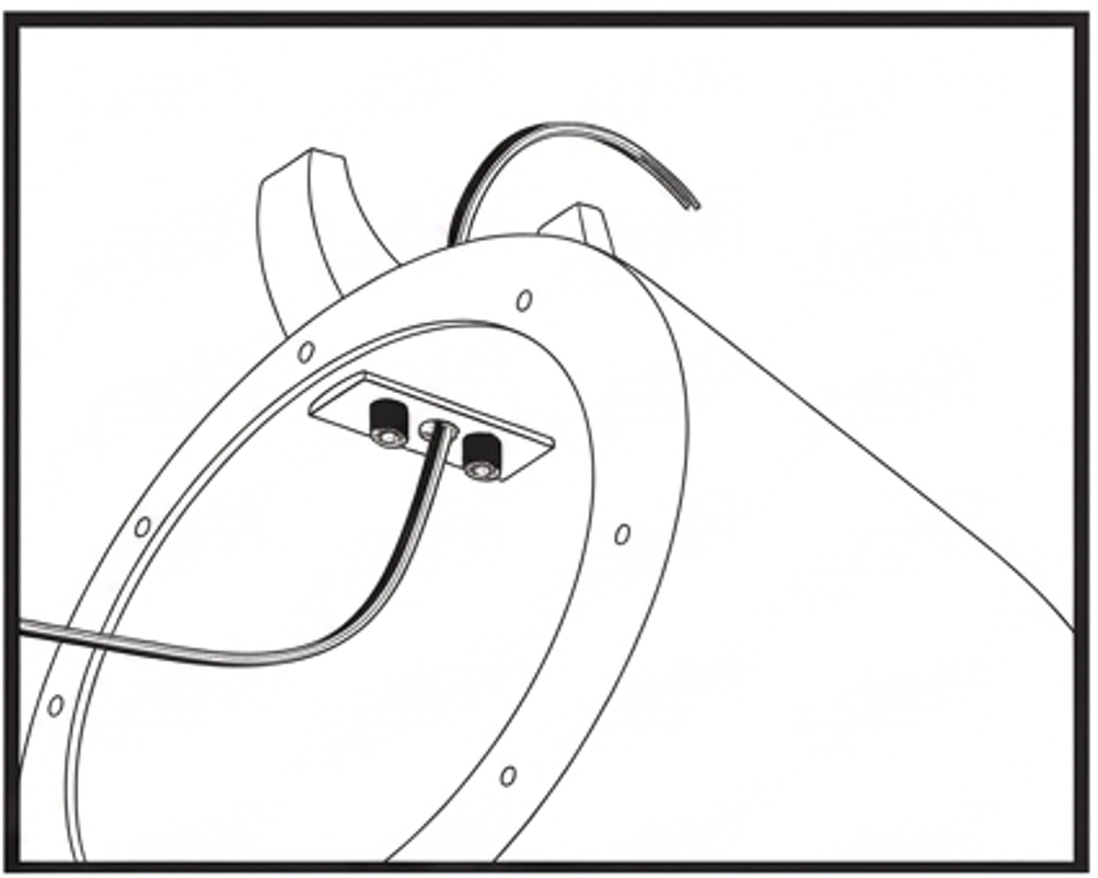 A line-art technical diagram illustrating the wire routing step inside a pod speaker enclosure.  Internal Plate: The rectangular washer plate is fully secured against the inside top roof of the speaker pod with two dark socket-head bolts tightened in place on either side.  Wire Path: A two-strand speaker wire enters from the open front opening of the hollow speaker pod, feeds directly up through the center hole of the mounted washer plate, and exits out through the top opening of the speaker housing near the clamp base.