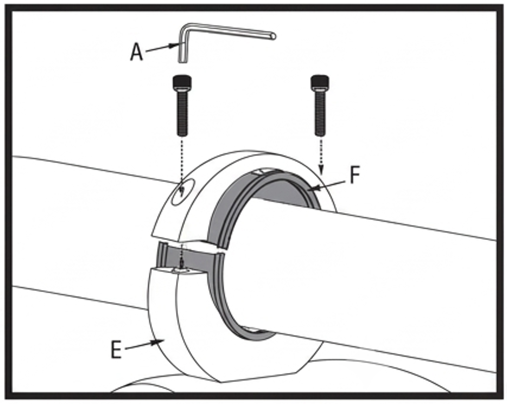 A line-art technical diagram illustrating how to attach the speaker mount to a round tower bar.  Bar and Collar Assembly: A horizontal tubular bar passes through the center of a two-piece circular clamp assembly labeled E. Rubber spacer inserts labeled F are lined inside the top and bottom halves of clamp E to cushion the fit around the pipe.  Fasteners: Two socket-head bolts are positioned directly above the top half of clamp E. Dotted vertical arrows indicate that each bolt drops down into recessed screw holes on the left and right sides of the upper clamp collar.  Tool (A): An L-shaped Allen key wrench labeled A is positioned above the bolts to demonstrate how to tighten them down to clamp both halves around the bar.