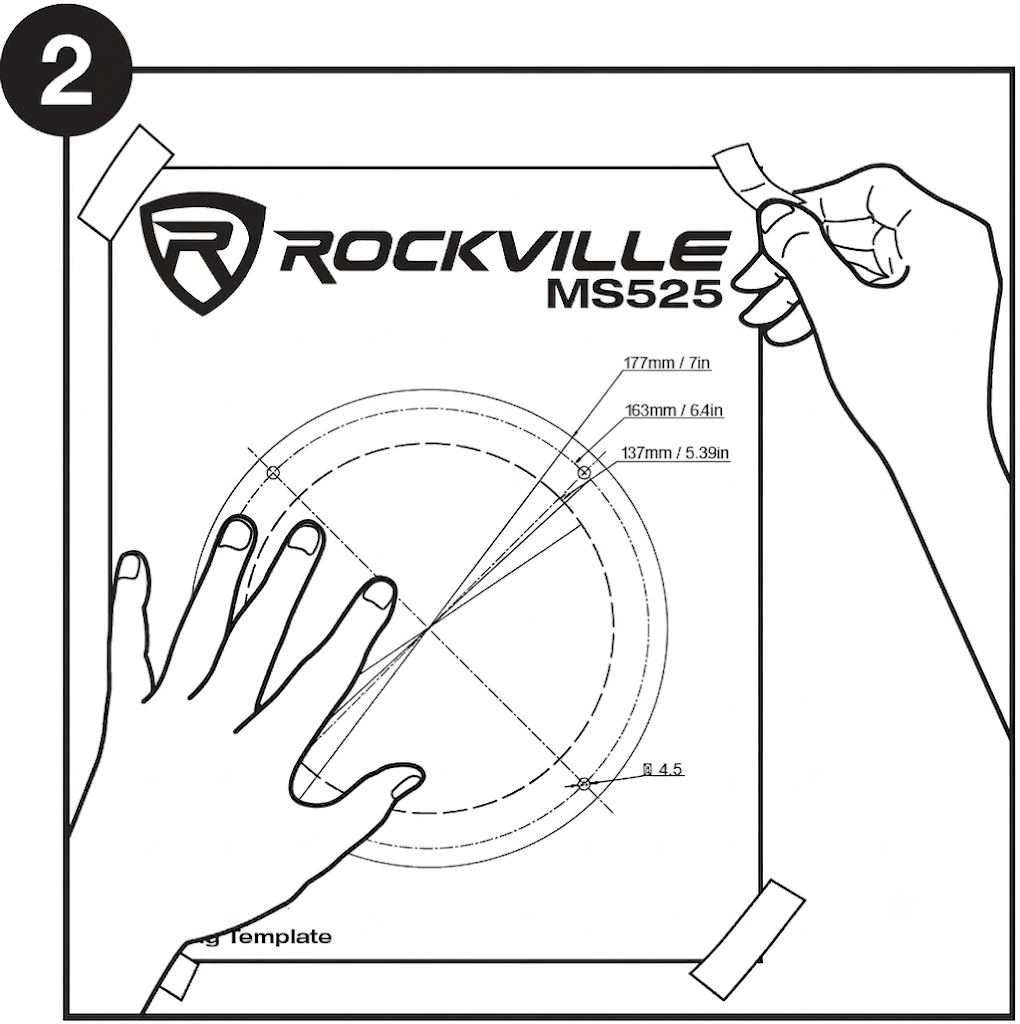 A black-and-white line illustration labeled with a large circled number "2" in the upper-left corner. The image shows a paper mounting template for a "ROCKVILLE MS525" speaker being taped to a surface.  Top & Left Side: A left hand presses down on the lower-left section of the template, while a right hand applies a strip of tape to the top-right corner. Small strips of tape are already attached to the top-left and bottom-right corners.  Template Markings: The sheet displays the Rockville logo at the top and three concentric circular diagrams with marked measurements pointing to diameter lines: 177mm / 7in, 163mm / 6.4in, and 137mm / 5.39in.