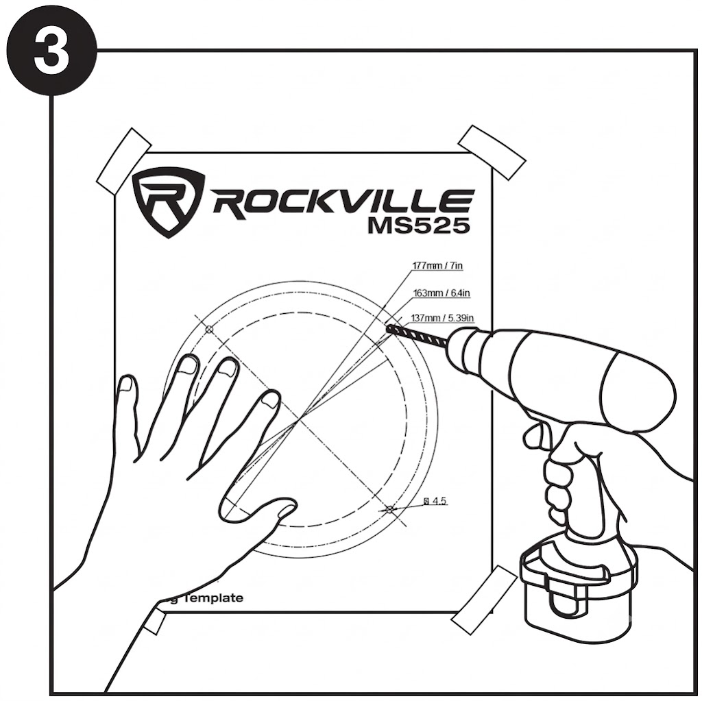 A black-and-white line illustration labeled with a large circled number "3" in the upper-left corner, detailing step 3 of an installation guide.  Left Side: A left hand rests flat against the lower-left section of the paper template to hold it steady. The template is taped down at all four corners and clearly displays the "ROCKVILLE MS525" branding at the top.  Right Side: A right hand holds a cordless power drill, pointing the drill bit directly at one of the marked target points along the inner circular measurement line labeled "137mm / 5.39in".