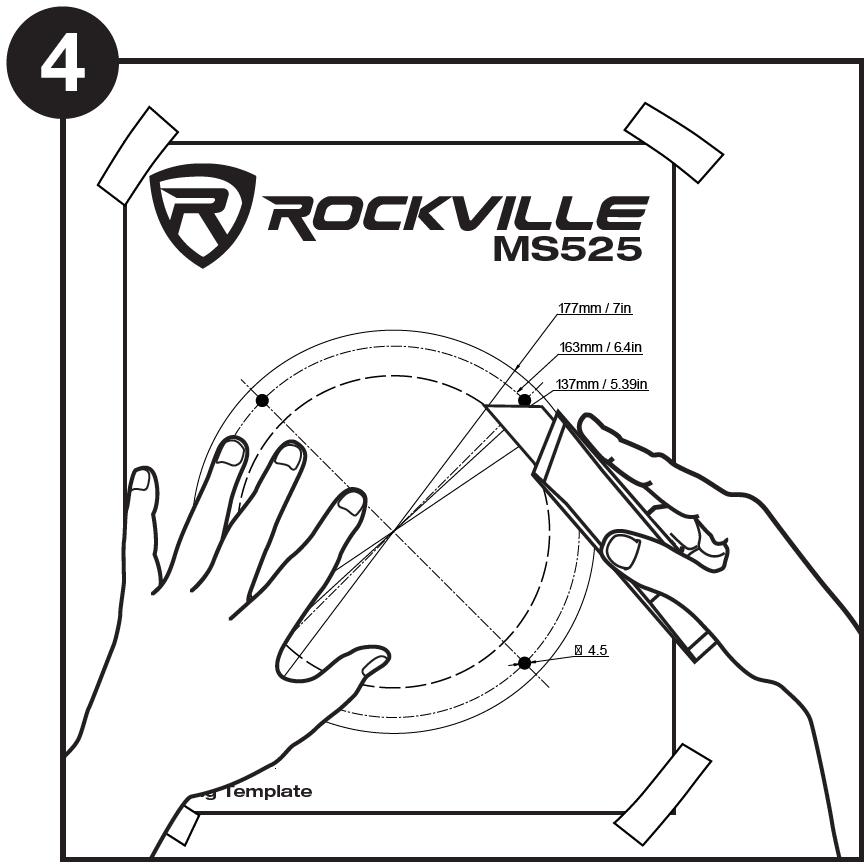 A black-and-white line illustration labeled with a large circled number "4" in the upper-left corner, depicting step 4 of an installation process.  Left Side: A left hand is pressed flat against the lower-left section of the template to hold it firmly against the surface.  Right Side: A right hand holds a utility knife (box cutter), placing the tip of the blade into a freshly drilled hole to begin cutting along the outermost circular line marked "177mm / 7in".  Template Markings: The sheet is taped at all four corners and shows "ROCKVILLE MS525" printed at the top. Three black circular dots indicate drilled pilot holes placed along the concentric measurement lines (labeled 177mm / 7in, 163mm / 6.4in, and 137mm / 5.39in).