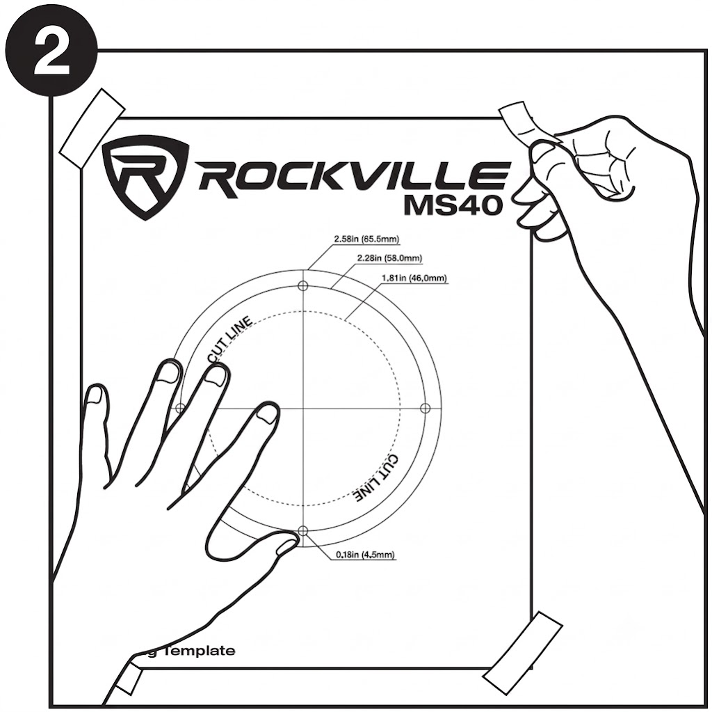 Black-and-white line illustration labeled "2" in a black circle at the top-left corner. The image shows a rectangular paper mounting template labeled "ROCKVILLE MS40" at the top being taped onto a flat surface.  Hands: One hand presses down on the bottom-left area of the template, while another hand applies tape to the top-right corner.  Tape: Rectangular strips of tape secure the top-left, top-right, bottom-left, and bottom-right corners of the paper.  Template Markings: The center contains circular guides with measurement callouts:  Outer Circle: 2.58 in (65.5 mm)  Middle Circle: 2.28 in (58.0 mm)  Inner Dashed Circle: 1.81 in (46.0 mm) labeled "CUT LINE"  Screw Holes: Small circles around the perimeter labeled 0.18 in (4.5 mm)