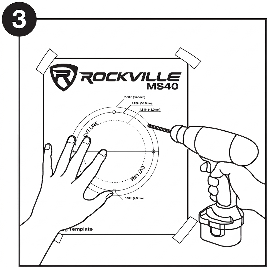 Black-and-white line illustration labeled "3" in a black circle at the top-left corner. The diagram demonstrates drilling a starter hole using the secured mounting template.  Main Action: A right hand holds a cordless power drill, placing the drill bit tip on the paper template along the edge of the circular pattern.  Support: A left hand rests flat on the left side of the template to hold the paper steady.  Template Setup: The rectangular sheet, labeled "ROCKVILLE MS40" at the top, is taped at all four corners over the surface. It features circular measurement guides, including an inner dashed circle labeled "CUT LINE" and small perimeter screw holes labeled 0.18 in (4.5 mm).