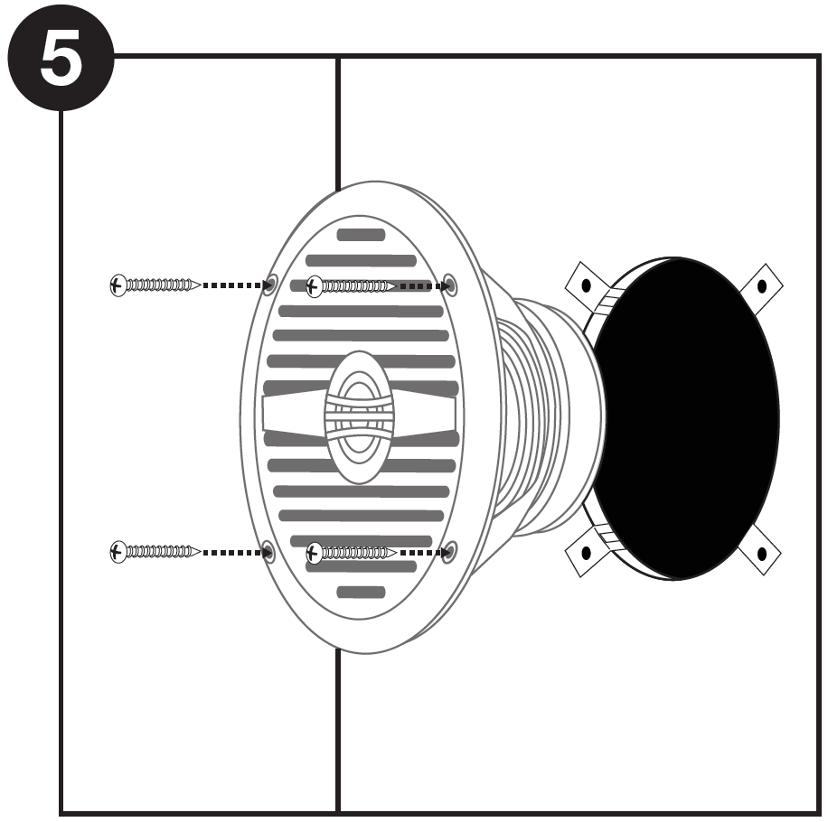 Black-and-white line illustration labeled "5" in a black circle at the top-left corner. The diagram shows the final assembly steps for mounting the speaker into a surface opening.  Main Action: A circular speaker with a slatted front grille and central tweeter is shown directly in front of a dark, round mounting cutout.  Fasteners: Four screws are positioned around the outer rim of the speaker face, aligned with the mounting holes.  Alignment: Dashed black arrows point from each screw toward its corresponding hole on the outer flange of the speaker housing to show the direction of installation.