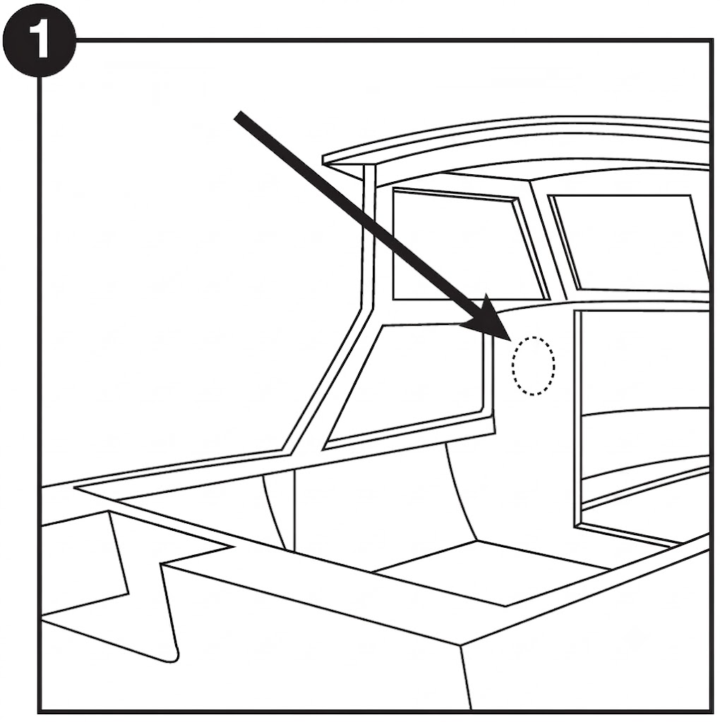 Black-and-white line diagram labeled "1" in a black circle in the top-left corner. The illustration depicts the interior structural frame of a boat cabin. A prominent black arrow points from the top left down toward a small vertical oval outline drawn with dashed lines on an interior wall section just below the cabin windows.