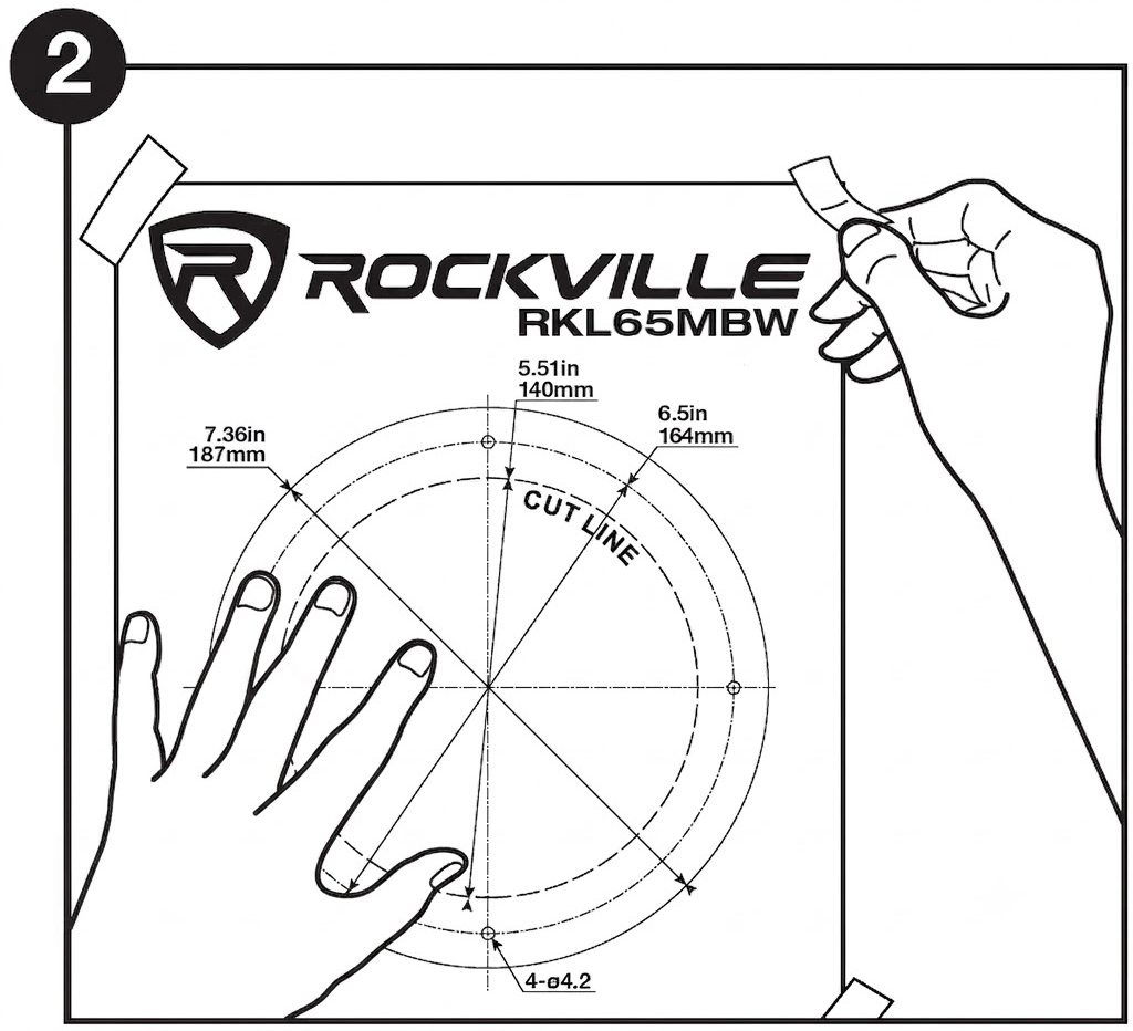 Line drawing step labeled with a circled "2" in the top-left corner, illustrating how to secure a paper cutout template:  Header: The top of the template features a shield logo with an "R" inside and the brand name ROCKVILLE RKL65MBW.  Action: A left hand holds the lower-left section of the template flat against the mounting surface, while a right hand applies tape to the top-right corner. Taped corners are visible at both top corners.  Template Markings: Concentric circular guides display dimensions: outer diameter 7.36 in (187 mm), inner diameter 5.51 in (140 mm), and a cutout ring labeled CUT LINE with a diameter of 6.5 in (164 mm). Four mounting hole points around the circle are indicated by "4-ø4.2".