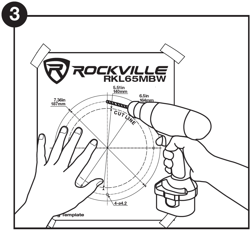 Line drawing step labeled with a circled "3" in the top-left corner, illustrating how to drill a starter hole on a mounting template:  Header & Setup: The paper template for the ROCKVILLE RKL65MBW speaker is taped down at all four corners onto a flat surface.  Action: A left hand holds the lower-left section of the template flat, while a right hand operates a cordless power drill, placing the drill bit directly on the dashed circular guide labeled CUT LINE.  Template Markings: The circular diagram shows key measurements: an inner diameter of 5.51 in (140 mm), a cutout diameter of 6.5 in (164 mm), and an outer diameter of 7.36 in (187 mm). Four drill pilot points are marked around the perimeter with "4-ø4.2".