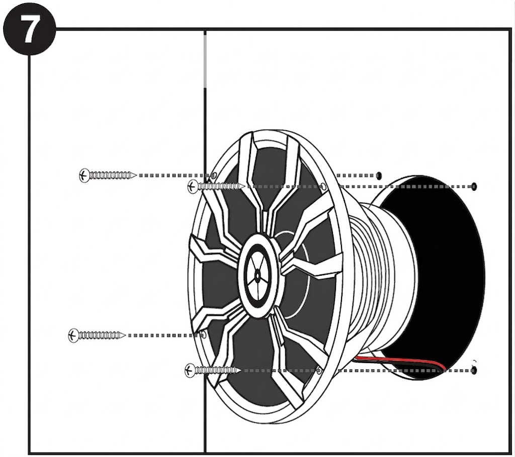 Line drawing step labeled with a circled "7" in the top-left corner, illustrating the final mounting of a speaker into a cutout:  Speaker & Cutout: A circular marine/car speaker with a spoked grille pattern is shown angled toward a pre-cut round mounting hole.  Wiring: A red wire extends from inside the dark circular mounting cutout to connect with the rear assembly of the speaker.  Fasteners: Dashed directional lines point four Phillips-head mounting screws into corresponding screw holes on the outer rim of the speaker frame, guiding them into the mounting surface.