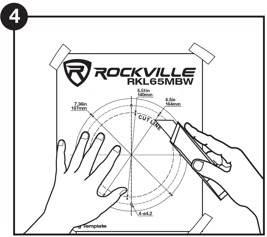 Line drawing step labeled with a circled "4" in the top-left corner, illustrating how to cut out the mounting hole:  Header & Setup: A paper template for the ROCKVILLE RKL65MBW is secured to a surface with tape at each corner.  Action: A left hand holds the template flat near the center-left, while a right hand guides the blade of a utility knife along the dashed circle labeled CUT LINE.  Template Markings: The circular guide includes measurements for the inner diameter (5.51 in / 140 mm), cutout diameter (6.5 in / 164 mm), and outer diameter (7.36 in / 187 mm), alongside four screw hole locations labeled "4-ø4.2".