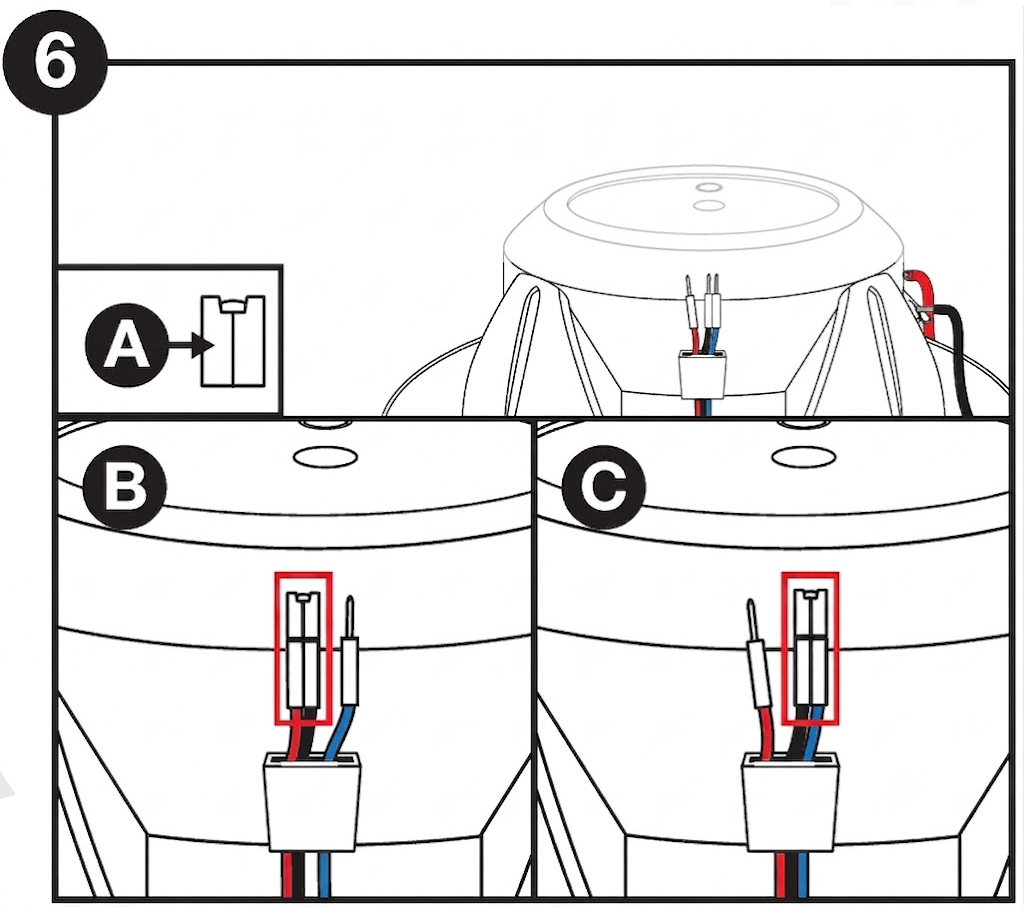 Line drawing step labeled with a circled "6" in the top-left corner, showing how to connect an LED wiring harness plug:  Main Diagram: The rear view of a speaker magnet assembly showing main power wires attached on the right and an LED plug terminal protruding from the center base.  Inset A: Shows a schematic arrow indicating the male plug inserting straight into the matching female receptacle notch.  Inset B & C: Close-up views highlighting the alignment of wire polarity:  B: Red box outlines the connector housing showing the red and blue wires aligned with the corresponding pin positions.  C: Close-up view showing the connector fully snapped into place over the terminal posts.