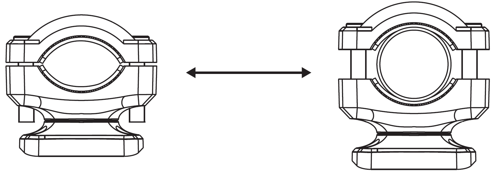 Line drawing of two mounting clamps connected by a double-headed arrow, showing an oval rubber insert setup on the left versus a circular rubber insert setup on the right.