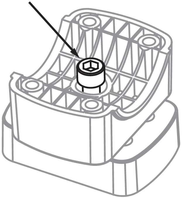 Line drawing showing a black arrow pointing to an Allen socket head bolt seated inside the center recess of a curved mounting clamp base.