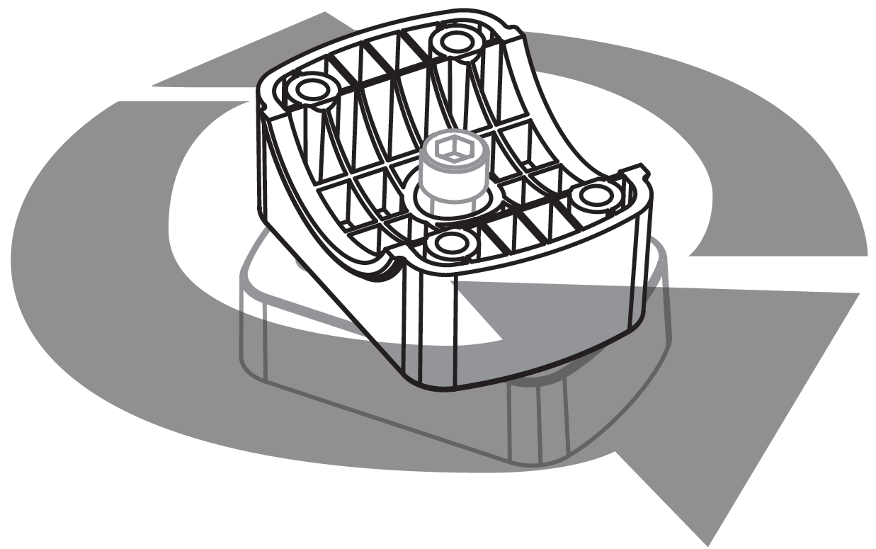 Line drawing showing a curved mounting clamp base being rotated relative to its underlying mount, with a large circular arrow indicating rotation.
