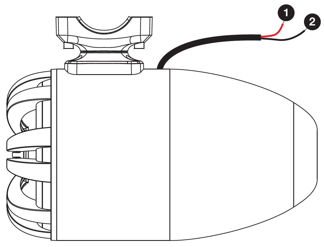 A line-art technical illustration featuring a side profile of a cylindrical, bullet-shaped pod speaker.  Mounting Clamp: Attached to the top near the front is a curved mounting bracket designed to attach to a tube or rail.  Wiring Harness: A black cable extends from the top surface behind the mounting bracket. The cable strips into two exposed wire leads at the end:  1: A red wire labeled with a black circled number 1.  2: A black wire labeled with a black circled number 2.  Speaker Body: The left side shows the speaker grille face with ribbed vertical bars, while the main body tapers off into a rounded dome shape on the right.