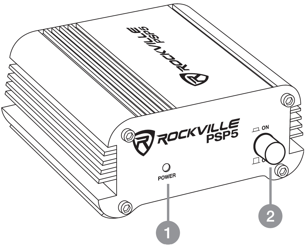 A line art illustration of the Rockville PSP5 power supply unit, viewed from a three-quarter angle. The top and sides feature heat sink fins. The front panel includes:  The Rockville PSP5 logo printed at the center-top.  A small circular POWER light near the bottom center, labeled with a gray callout number 1.  A cylindrical power knob/switch on the right side labeled ON and OFF, indicated by a gray callout number 2.