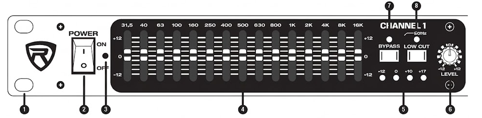A technical line drawing depicting the front faceplate of the Rockville REQ231 dual 31-band graphic equalizer with numbered callouts from 1 to 8:1: Rack Mount Ear: Mounting hole positioned on the far-left edge of the faceplate bracket.2: AUDIO IN/OUT Button: Push-button switch for bypassing or engaging the equalizer audio processing circuit.3: I/O METER IN/OUT Button & LED Level Display: Push-button toggle for the level meter alongside a horizontal LED level meter ranging from -18dB to CLIP.4: INPUT Gain Knob: Rotary gain control dial ranging from -12dB to +12dB.5: LOW CUT Knob: Rotary high-pass filter frequency control dial (10 Hz to 400 Hz).6: HIGH CUT Knob: Rotary low-pass filter frequency control dial (2.5 kHz to 30 kHz).7: RANGE Button: Push-button switch to select the equalizer slider boost/cut range ($\pm 6\text{ dB}$ or $\pm 12\text{ dB}$).8: 31-Band Equalizer Sliders: Dual identical channels (CHANNEL 1 on top, CHANNEL 2 on bottom), each containing 31 vertical frequency adjustment faders spanning 1/3-octave bands from 20 Hz to 20 kHz.