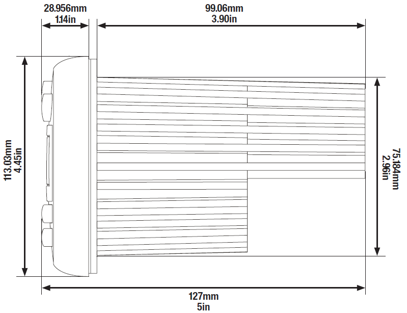 Short Alt Text (Recommended) Dimensional side-profile schematic diagram of a round marine media receiver unit, detailing measurements in millimeters and inches.  Detailed Description (For extended accessibility captions) A technical side-view line drawing showing the overall dimensions of a cylindrical head unit or audio controller:  Total Depth: 127 mm (5 in) overall depth from the front face buttons to the back end of the main body chassis.  Front Bezel:  Height/Diameter: 113.03 mm (4.45 in) outer vertical diameter of the front interface plate.  Projection Depth: 28.956 mm (1.14 in) depth extending outward from the mounting surface.  Rear Body Chassis:  Height/Diameter: 75.184 mm (2.96 in) vertical diameter of the recessed housing body.  Chassis Depth: 99.06 mm (3.90 in) depth extending behind the mounting surface.