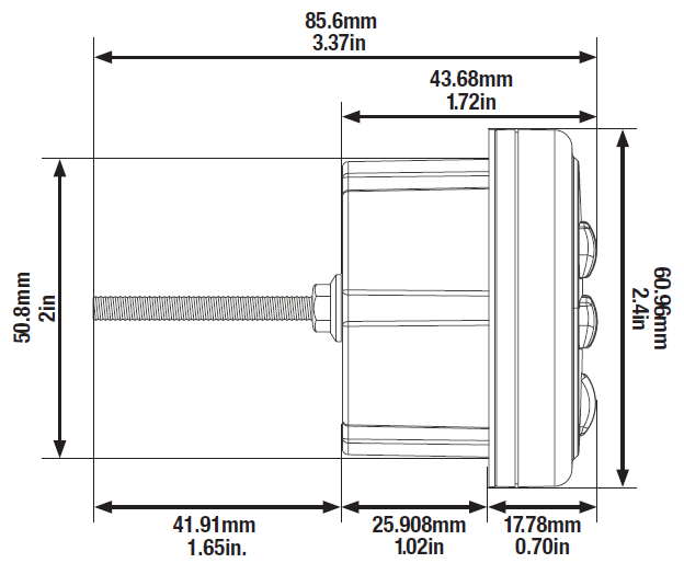 A technical side-view line drawing showing the overall dimensions of a circular control device:  Total Depth: 85.6 mm (3.37 in) overall depth from the tip of the threaded rear mounting stud to the front face.  Front Face Outer Diameter: 60.96 mm (2.4 in) overall height/diameter of the front bezel.  Front Bezel Depth: 17.78 mm (0.70 in) projection distance from the mounting surface to the front interface buttons.  Main Housing Body:  Diameter: 50.8 mm (2 in) height/diameter of the rear housing unit.  Housing Depth: 25.908 mm (1.02 in) depth from the back of the front bezel to the rear panel.  Total Body Depth: 43.68 mm (1.72 in) depth combining the housing and front bezel.  Rear Mounting Stud Length: 41.91 mm (1.65 in) extending out from the back panel of the main housing.