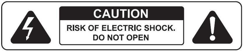 A standard electrical safety warning label enclosed in a rounded rectangular border:  Left Icon: A black triangle containing a white lightning bolt symbol indicating high-voltage electrical hazard.  Center Text Box: A central box with a black top banner reading "CAUTION" in white uppercase text. The white lower box reads "RISK OF ELECTRIC SHOCK. DO NOT OPEN" in black uppercase text.  Right Icon: A black triangle containing a white exclamation point symbol indicating a general safety hazard alert.