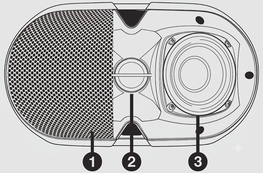 A technical line drawing illustrating the front layout of an oval-shaped speaker housing, cut horizontally to reveal both external and internal components, numbered 1 through 3:  1: Mesh Grille: Perforated protective metal mesh cover spanning the left half of the speaker enclosure faceplate.  2: Tweeter Assembly: Centrally mounted high-frequency tweeter positioned between sculpted acoustic guide baffles.  3: Woofer Driver: Exposed circular low-frequency woofer cone on the right half of the cabinet, secured to the internal housing with four corner screws.