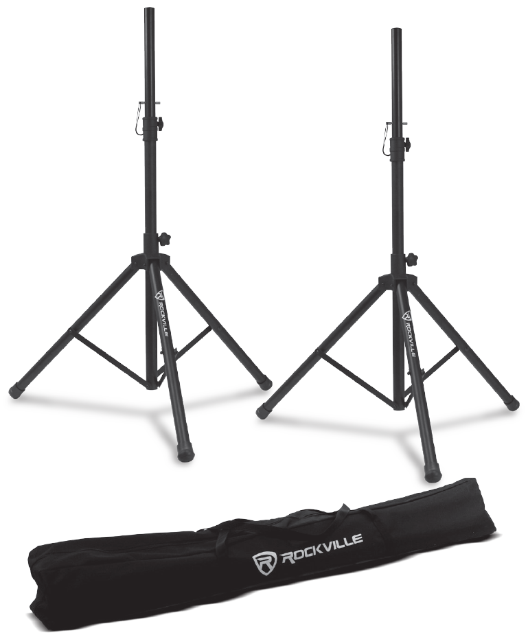A product photograph displaying an audio accessory kit on a plain white background:  Speaker Stands: Two black metal tripod speaker stands standing fully deployed side-by-side. Each includes height adjustment knobs, safety pin clips attached to the upper collars, rubber-capped feet, and the "ROCKVILLE" logo printed vertically on a leg strut.  Carrying Case: A long, black fabric zippered travel bag laid horizontally beneath the stands, featuring the white Rockville logo and name printed across the front.