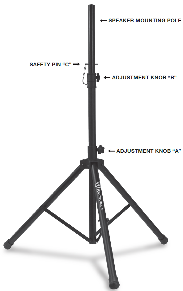 A technical product diagram illustrating the components of a black metal Rockville tripod speaker stand against a white background, labeled with directional arrows:  SPEAKER MOUNTING POLE: Points to the uppermost vertical tube where a speaker mounts.  SAFETY PIN “C”: Points to the metal security pin inserted horizontally through a hole near the top collar to prevent height slippage.  ADJUSTMENT KNOB “B”: Points to the rotary hand knob located on the upper collar directly below the safety pin, used for securing vertical pole height.  ADJUSTMENT KNOB “A”: Points to the lower rotary knob positioned just above the tripod leg hub, used to secure the tripod leg base in place.  Base: Three tripod legs spread wide with rubber feet, featuring "ROCKVILLE" branding printed vertically along one leg support.