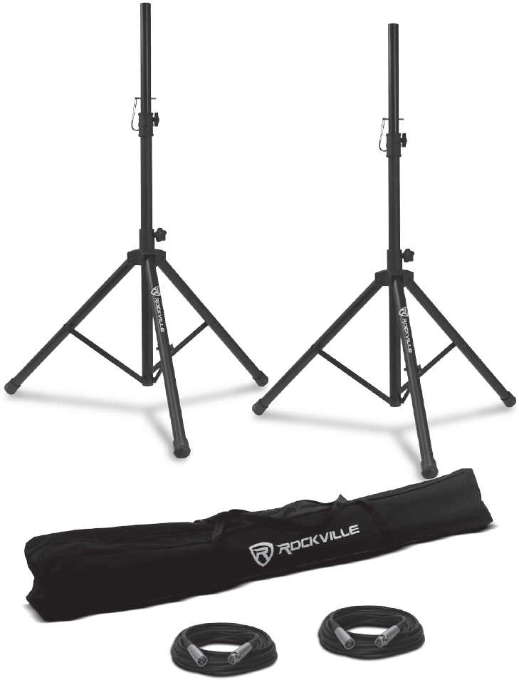 A product photograph displaying an audio equipment accessory bundle on a white background:  Speaker Stands: Two black metal tripod speaker stands standing fully deployed side-by-side. Each features extendable center poles with safety locking pins and tightening knobs, rubber feet, and "ROCKVILLE" printed vertically along one of the tripod leg supports.  Carrying Case: A long, black fabric zippered carrying bag laid horizontally below the stands, featuring the white Rockville logo and text on the side.  Cables: Two black coiled XLR audio cables placed side-by-side in front of the carrying bag, each equipped with silver metal connectors.