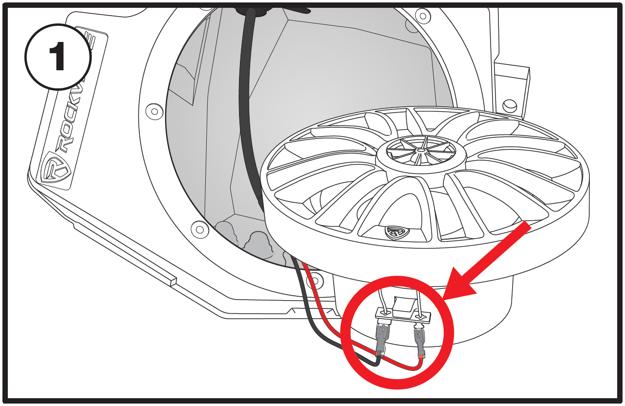 A technical line drawing labeled with the number 1 in the upper-left corner illustrates connecting speaker wires prior to installation:  Speaker Unit: A round Rockville speaker grille and driver assembly sits tilted just outside the mounting opening of the Rockville enclosure pod.  Wiring Connection: Black and red lead wires extend from inside the enclosure chamber and attach via spade connectors to the speaker's terminal block on its rear rim.  Focus Callout: A red circle and pointing arrow highlight the spade connectors attached to the positive and negative terminal tabs at the base of the speaker driver.