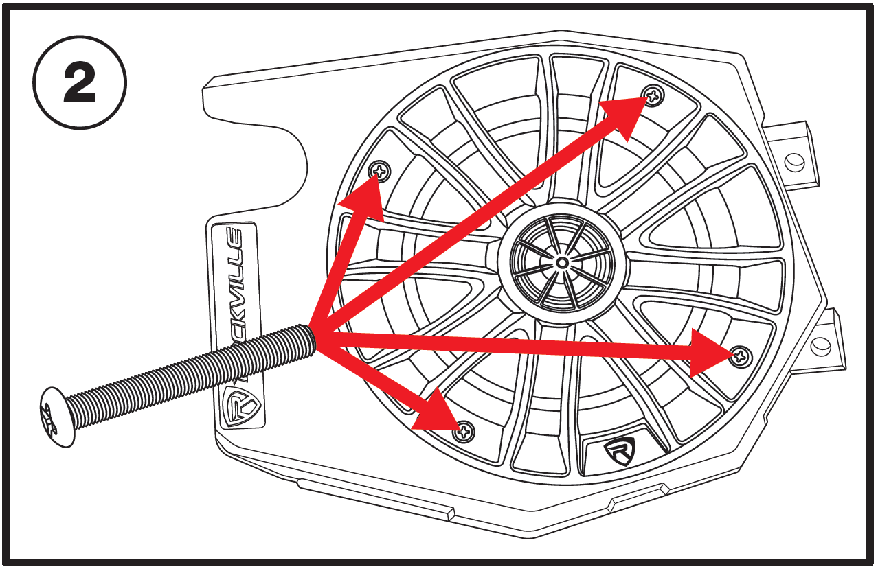 A technical line drawing labeled with the number 2 in the upper-left corner illustrates mounting the speaker into the enclosure pod:  Speaker Assembly: The Rockville speaker is flush-mounted inside the opening of the custom enclosure pod.  Hardware & Mounting Points: A single long Phillips pan-head machine screw is shown on the left. Four red arrows extend from the screw tip to point at four corresponding screw head locations along the circular rim of the speaker grille (top right, top left, bottom left, and bottom right).