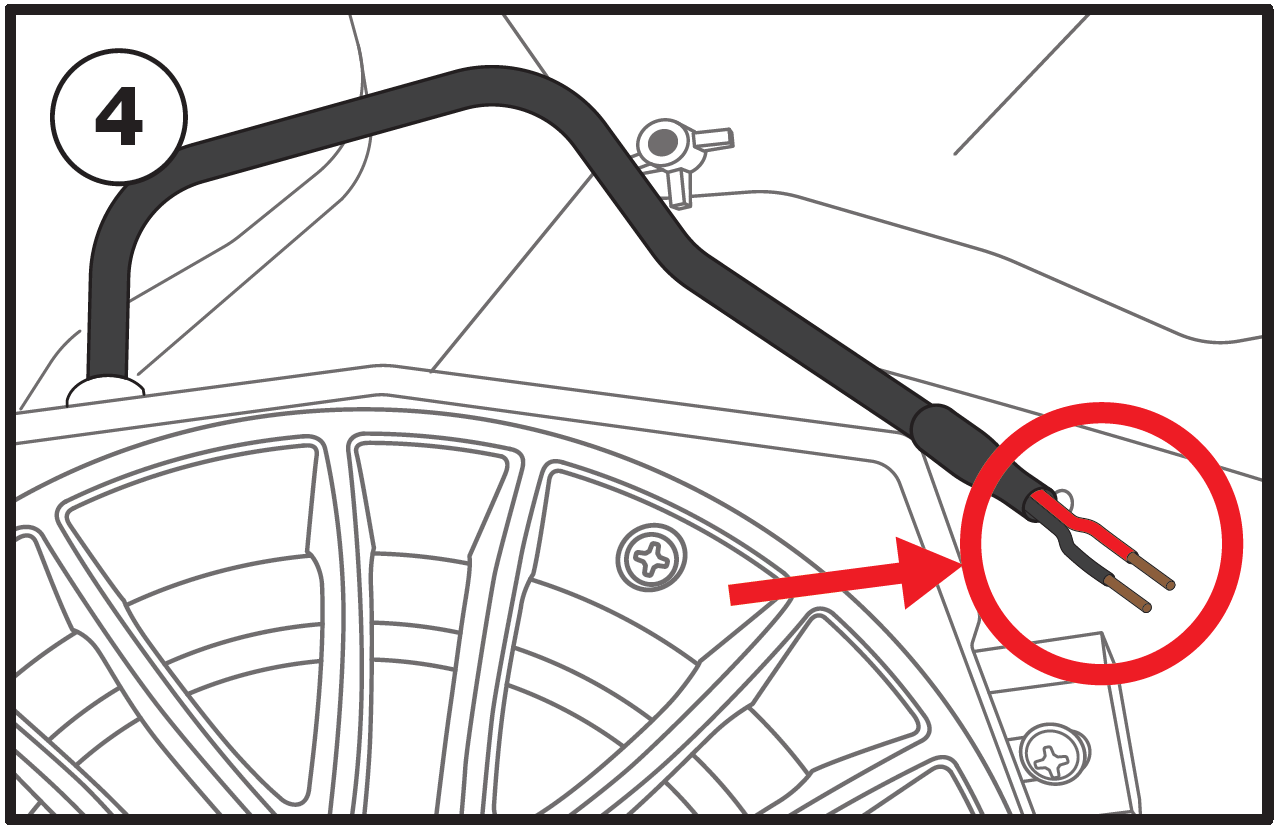 A technical line drawing labeled with the number 4 in a circle in the top-left corner illustrates speaker wire preparation:  Speaker Housing: A partial view of the installed speaker grille and pod housing is shown at the bottom.  Wiring Harness: A thick black insulated cable extends outward from a port near the top of the speaker housing.  Stripped Ends: A solid red arrow points to a red circle encircling the end of the cable, where the outer jacket is stripped back to expose two individual wires with bare metallic tips—one with red insulation (positive) and one with black insulation (negative).