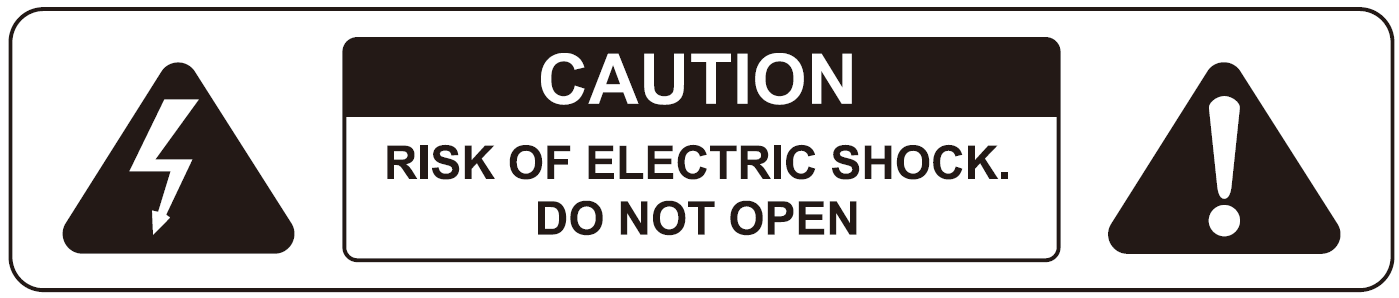 A safety caution graphic within a rounded rectangular border containing text and hazard symbols:  Left Symbol: A black filled triangle containing a white lightning bolt with a downward arrow tip, signaling electrical hazard.  Center Box: A rectangular warning label with a solid black header containing the white text "CAUTION". Below it, in a white box with black border, is the text "RISK OF ELECTRIC SHOCK. DO NOT OPEN".  Right Symbol: A black filled triangle containing a white exclamation mark, signaling general hazard or caution.