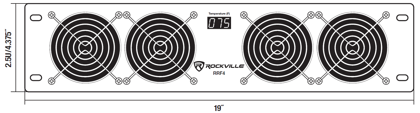 A front-facing dimensioned line drawing of a rack-mountable cooling fan unit:  Panel Components: Features four circular wire fan grilles arranged horizontally across the metal faceplate. Centered between the inner fan pairs is a digital display labeled "Temperature (F)" reading "075", with the "ROCKVILLE RRF4" logo printed directly beneath it. Oval mounting slots are located at each of the four outer corners.  Dimensions:  Width: Labeled along the bottom edge as 19" (19 inches).  Height: Labeled along the left side edge as 2.5U / 4.375" (2.5 rack units or 4.375 inches).