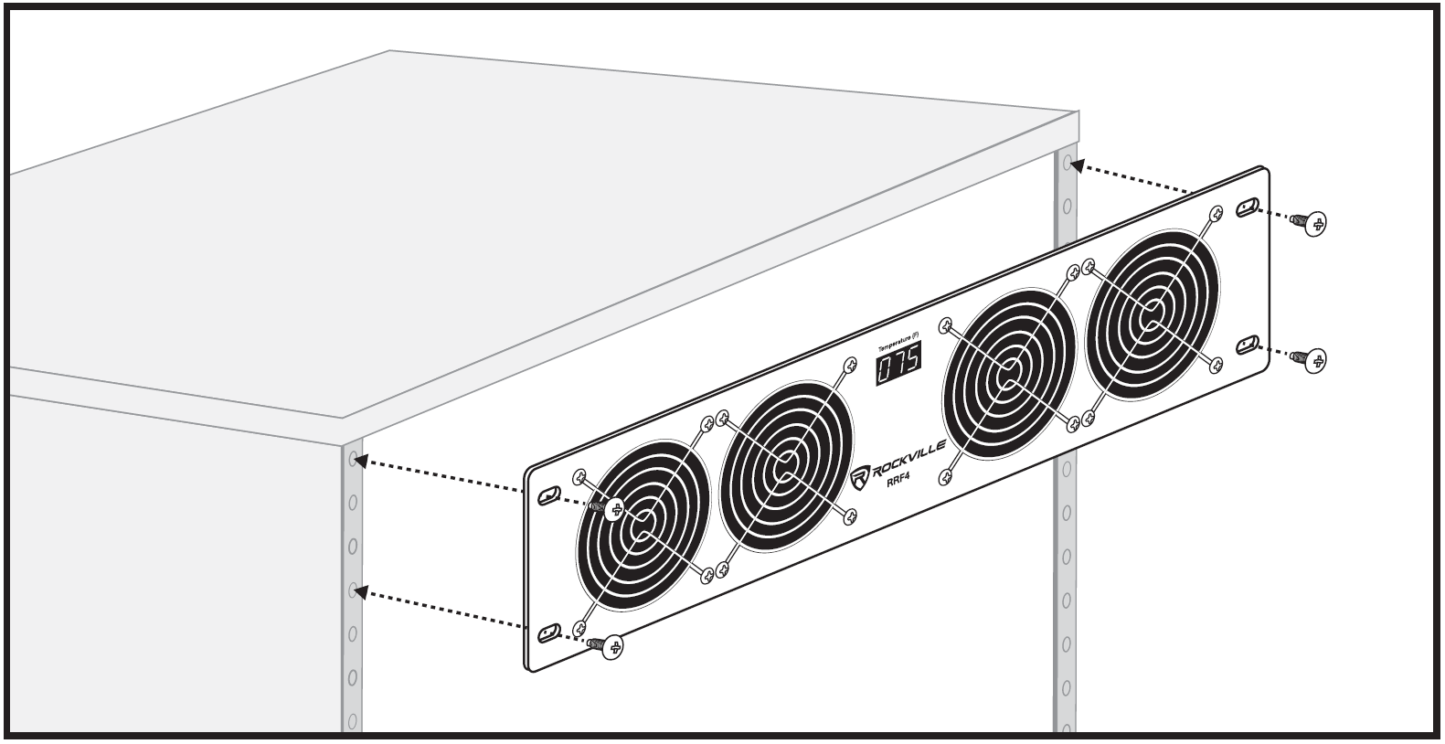 A technical line drawing illustrates the mounting assembly for a rack-mount fan panel:  Fan Panel Unit: A 2U rack panel featuring four circular cooling fan grilles arranged horizontally. A digital temperature display in the top-center reads "075" under the label "Temperature (F)," with "ROCKVILLE RRF4" printed directly below it.  Mounting Frame: A rectangular equipment rack enclosure positioned behind the panel, showing vertical mounting rails with pre-drilled holes on both sides.  Assembly Alignment: Four dashed arrows show Phillips-head screws aligning through the oval mounting slots on the four corners of the fan panel into corresponding holes on the rack rails.