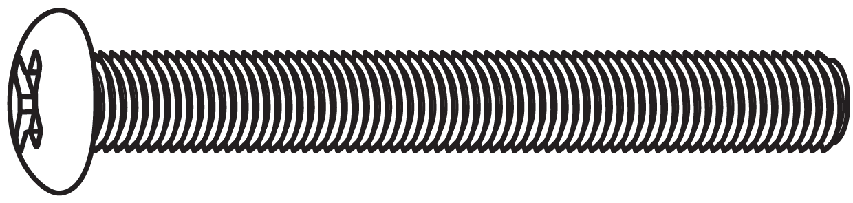 A black-and-white line illustration depicting a single machine screw oriented horizontally:  Head: A rounded pan-style head on the left end with a visible cross-shaped Phillips drive slot.  Shank: A long, straight cylindrical shaft fully threaded with fine, evenly spaced machine threads running from the base of the head to the tip.  Tip: A flat, blunt-ended tip on the far right end, designed for use with a pre-threaded hole or nut.