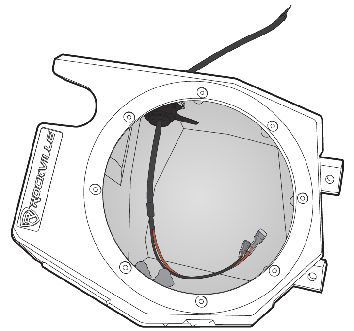 A line drawing illustrating an empty custom speaker enclosure with internal wiring routed through a pass-through grommet:  Outer Housing: A custom-shaped speaker pod enclosure featuring the "ROCKVILLE" logo badge on the left side, circular screw mounting holes surrounding the main speaker cutout ring, and mounting tabs on the outer right edge.  Internal Wiring: A main wiring cable enters through a sealed grommet at the top inside of the housing cavity. One end extends outward from the top of the enclosure, while the inner end connects to red and black lead wires with spade quick-connect terminals resting inside the open chamber.