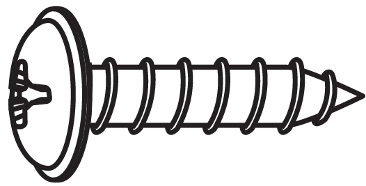 A black-and-white line drawing depicting a single fastener shown from a side perspective:  Head: A wide, low-profile dome (truss or washer-head style) with a visible Phillips-drive slot on the left edge.  Shank: A cylindrical threaded body featuring coarse, sharp self-tapping threads running along its full length.  Tip: A sharp, pointed tip on the right end for piercing and driving into material.