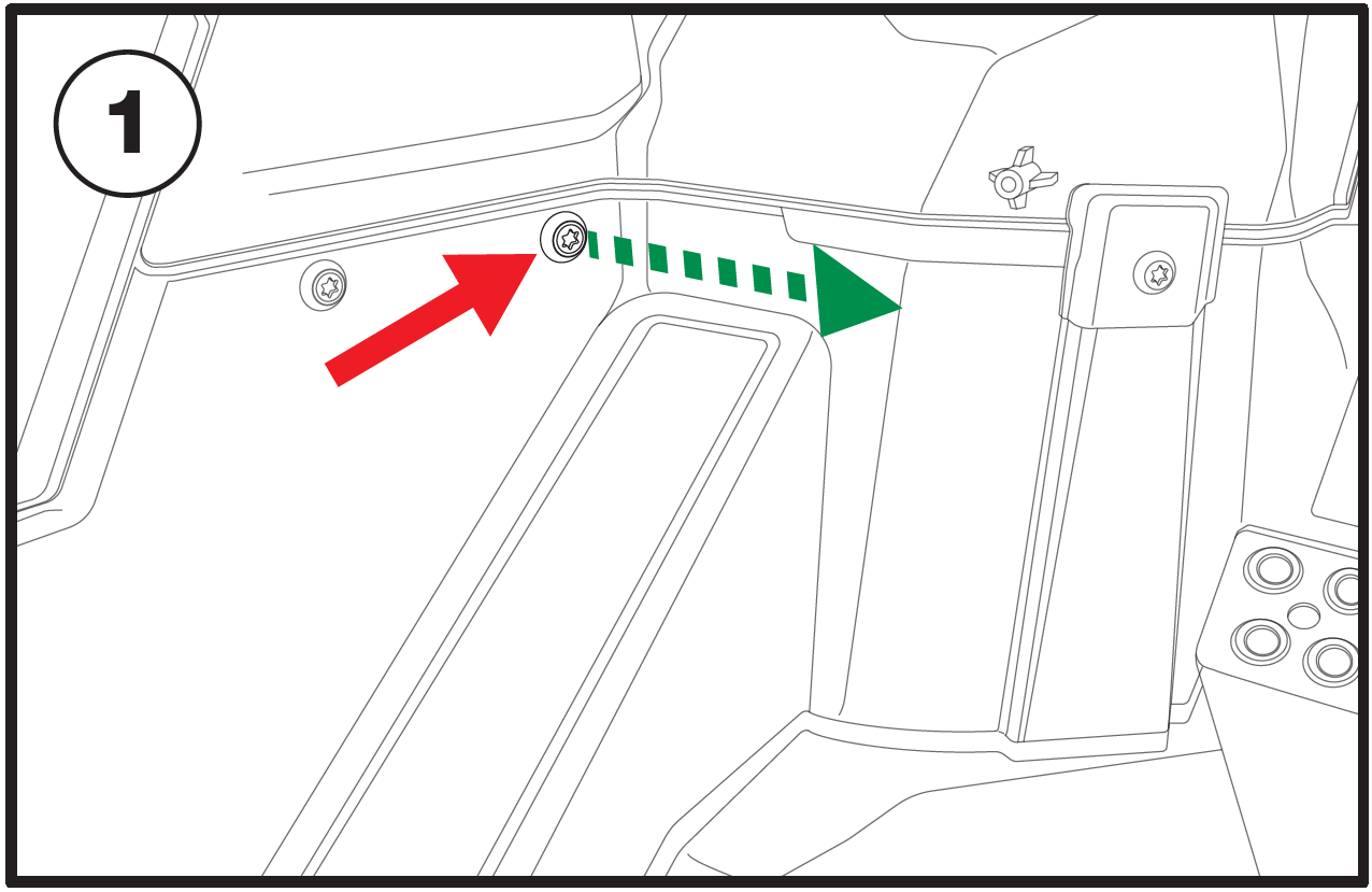A technical line drawing labeled with the number 1 in a circle in the top-left corner illustrates a panel disassembly step inside a vehicle cargo area or side compartment:  Location & Hardware: A interior panel wall features Torx-head fasteners installed along its upper seam.  Focus & Action: A solid red arrow points directly at one specific Torx screw. A dashed green arrow extends horizontally to the right from this screw toward a vertical trim pillar, indicating the direction of fastener removal or panel detachment.