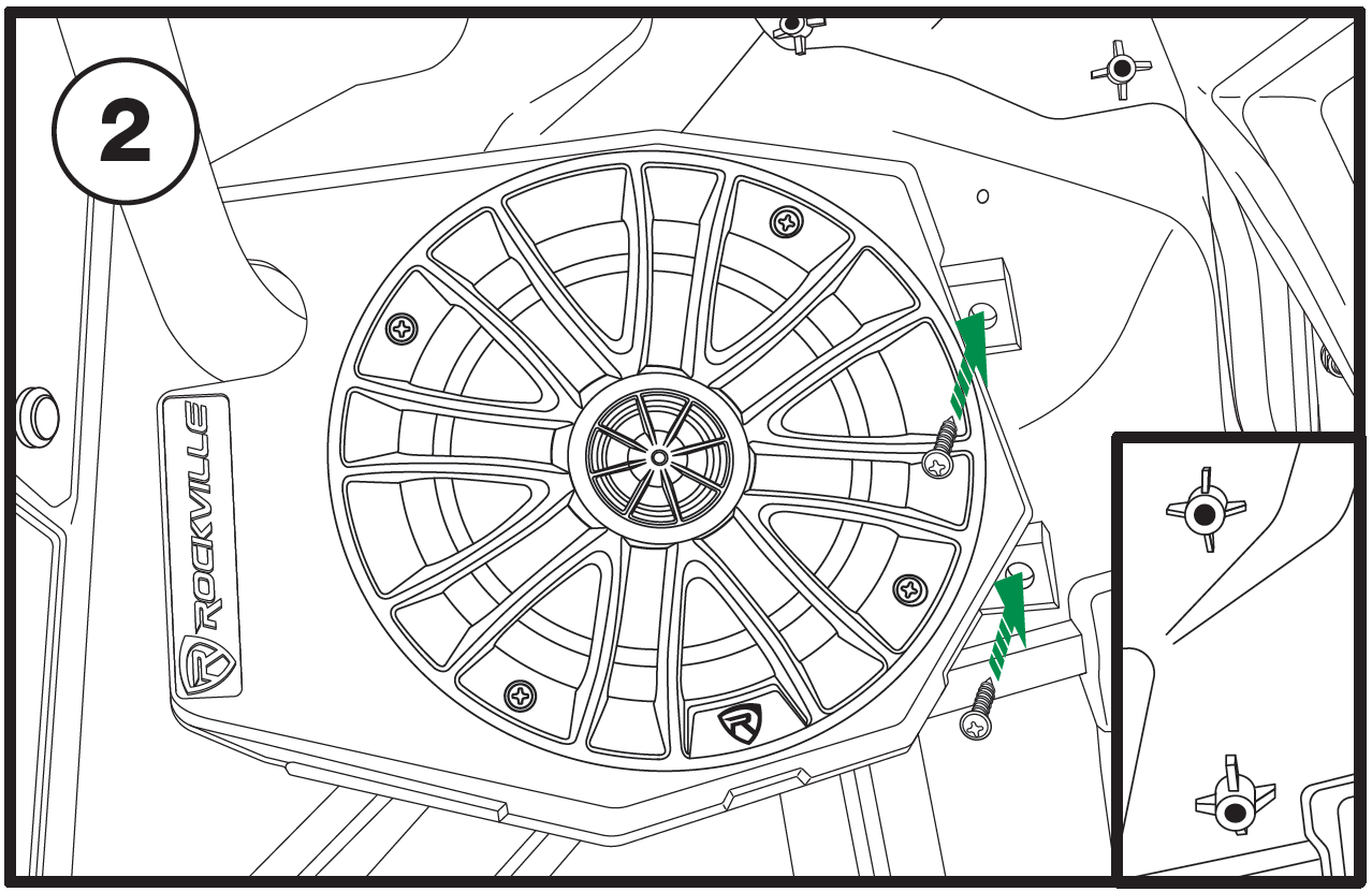 A technical line drawing labeled with the number 2 in a circle in the upper-left corner details mounting a speaker pod inside a vehicle frame:  Installed Speaker Pod: The assembled Rockville speaker pod is positioned in the vehicle wall cavity.  Fasteners: Two screws are positioned along the right flange of the pod housing. Dashed green arrows point upward from each screw into corresponding mounting holes on metal frame tabs.  Inset Graphic: A rectangular inset box in the bottom-right corner shows a zoomed-in detail view of two cross-shaped plastic/metal anchor clips located on the vehicle wall structure.