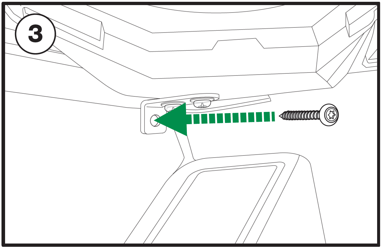 A technical line drawing labeled with the number 3 in a circle in the top-left corner illustrates securing a bottom mounting bracket:  Bracket & Housing: A metal L-bracket is secured to the underside of a large plastic housing or enclosure.  Hardware & Insertion: A Torx pan-head screw is shown on the right. A dashed green arrow points horizontally left, indicating the screw being driven into the outer side hole of the L-bracket.