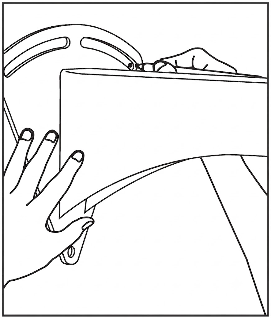 A line drawing demonstrating how to mark drilling holes for a wall-mount speaker bracket:  Bracket Position: A person holds a metal mounting bracket flush against the installation surface with their left hand. The upper portion of the bracket features curved adjustment slots.  Marking Action: The installer uses a pen or marker held in their right hand to trace or mark a drill point through the top curved adjustment slot on the bracket face.
