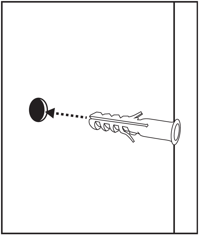 A line drawing illustrating wall anchor installation:  Hardware Component: A ribbed plastic wall anchor is positioned horizontally to the right of a drilled pilot hole.  Insertion Direction: A black dashed arrow points left from the tip of the plastic anchor directly toward the dark pre-drilled hole in the wall, indicating that the anchor should be pressed into place flush against the surface.