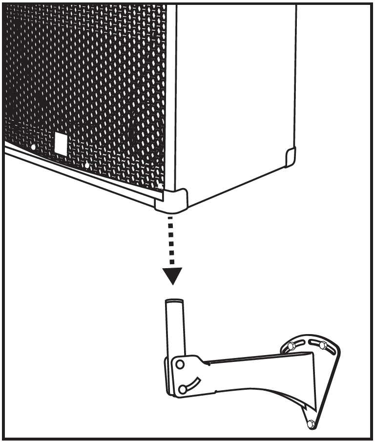 A line drawing illustrating how to mount a speaker cabinet onto a wall bracket:  Speaker Cabinet: The bottom corner of a PA speaker cabinet with a front mesh grille is positioned above the wall mount assembly.  Wall Mount Assembly: A heavy-duty wall bracket is secured to a wall with three bolts, extending horizontally into a vertical mounting pole adapter.  Lowering Action: A downward-pointing dashed arrow indicates sliding the bottom pole socket of the speaker cabinet down onto the vertical post of the wall bracket.