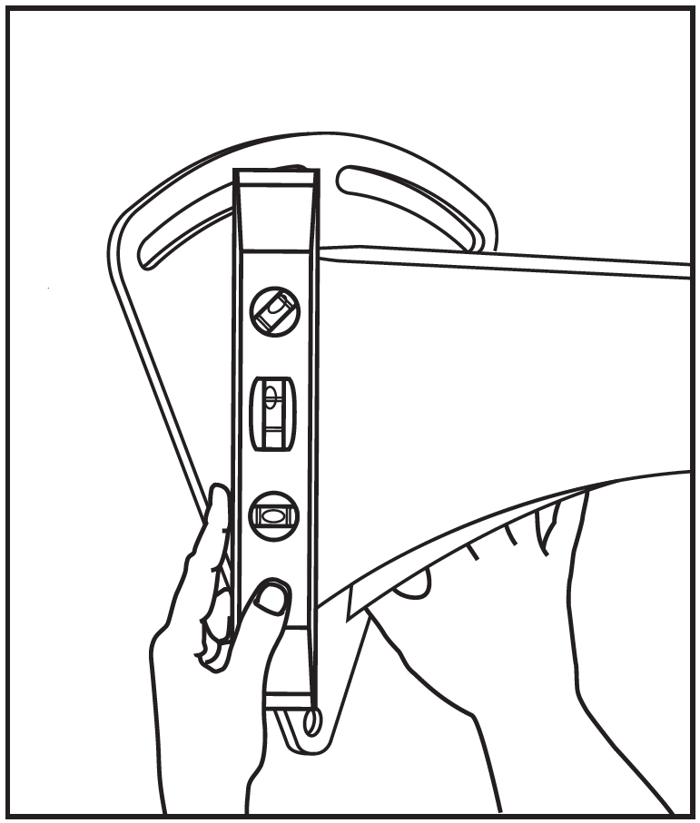 A line drawing demonstrating how to check vertical alignment during bracket installation:  Level Measurement: A handheld spirit level (bubble level) is held vertically against the front flat surface of a wall-mounting bracket base.  Hands Positioning: Two hands support the assembly; one hand holds the spirit level upright against the mounting bracket, while the other holds the extended arm/flange of the wall bracket to make adjustments until the bubble indicates a plumb, vertical orientation.  Bracket Detail: The mounting bracket features a rounded curved top slot for tilt/swivel adjustments and lower mounting bolt holes.