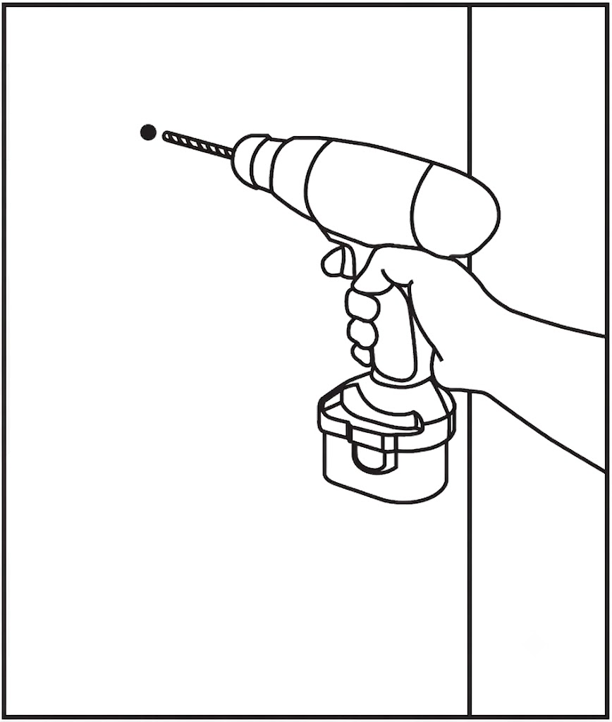 A technical line drawing depicting a step in wall-mounting installation:  Power Tool Action: A hand holds a cordless power drill fitted with a drill bit, pointing it directly toward a small black circular mark on a flat wall surface.  Alignment: The drill bit is aligned perpendicular to the marked pilot-hole location in preparation for drilling into the wall.
